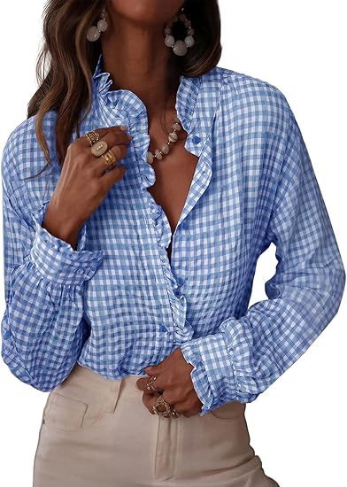 Fashionable women's plaid ruffled V-neck button-down shirt（BUY 2 FREE SHIPPING)