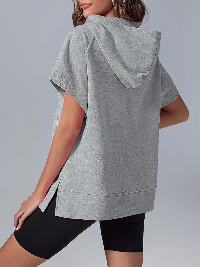 Women's Oversized Casual Half Zip Short Sleeve Pullover Tops with Pockets