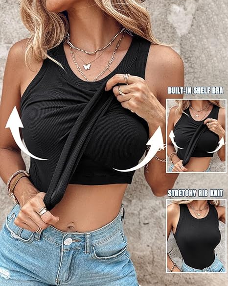 Women's sleeveless casual backless ribbed slim-fit vest with built-in bra（BUY 3 FREE SHIPPING)