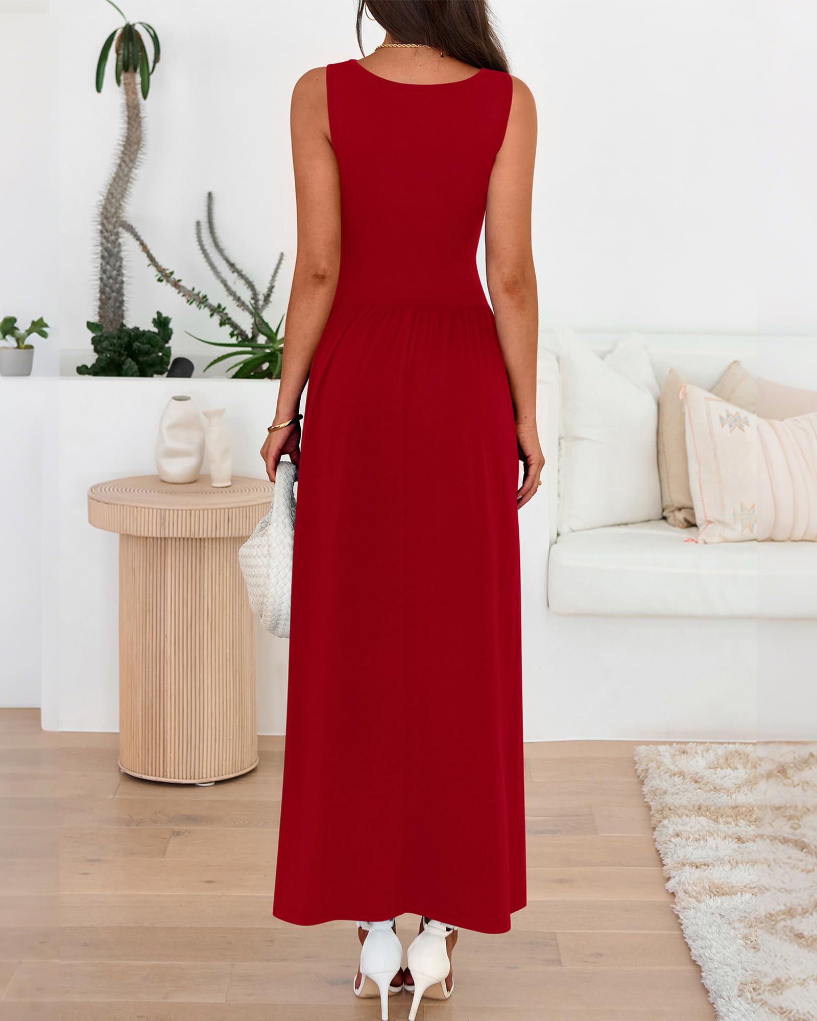 Women's Solid Color Sleeveless Waist Pleated Design Dress with Pockets