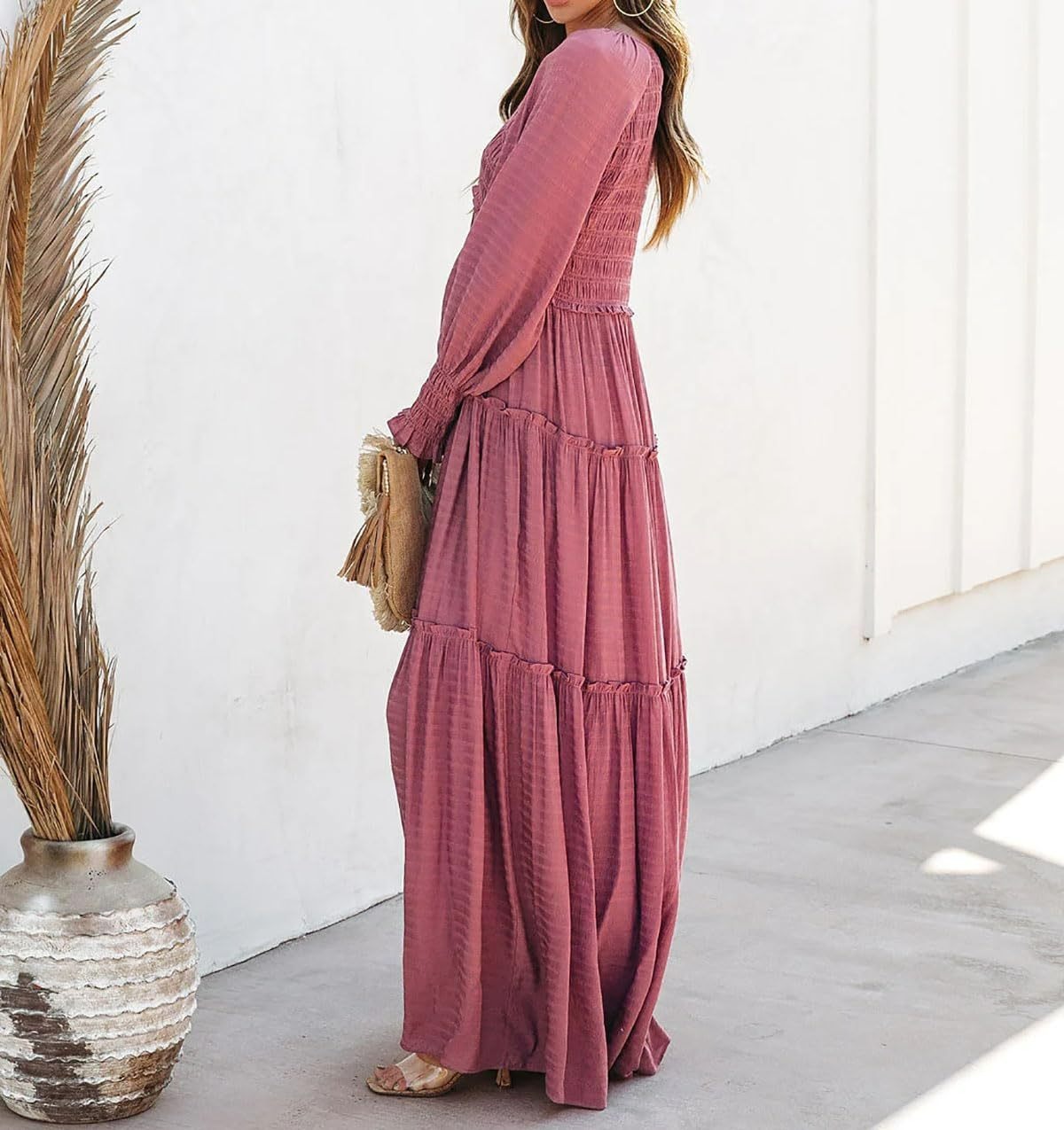 Women Long Sleeve V Neck Boho Casual Flowy Long Dresses?Buy 2 Free Shipping
