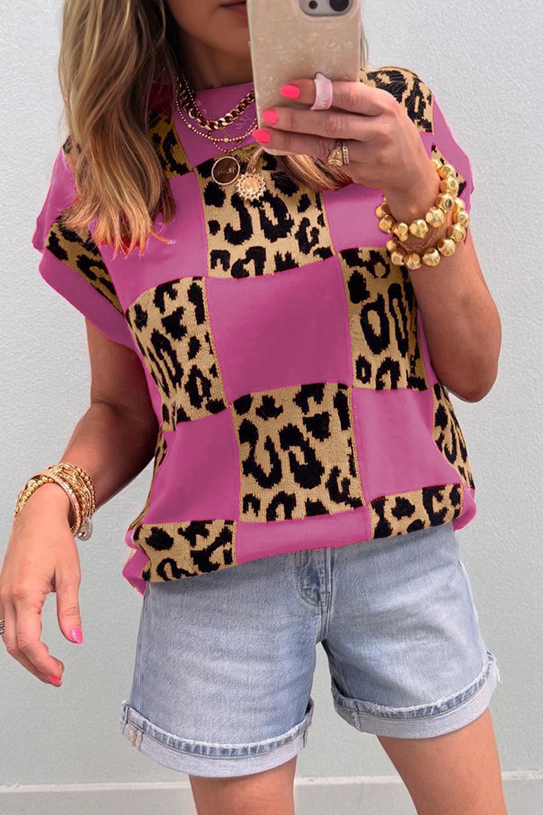 Women's Leopard Print Checkerboard Short-Sleeve Knit Top