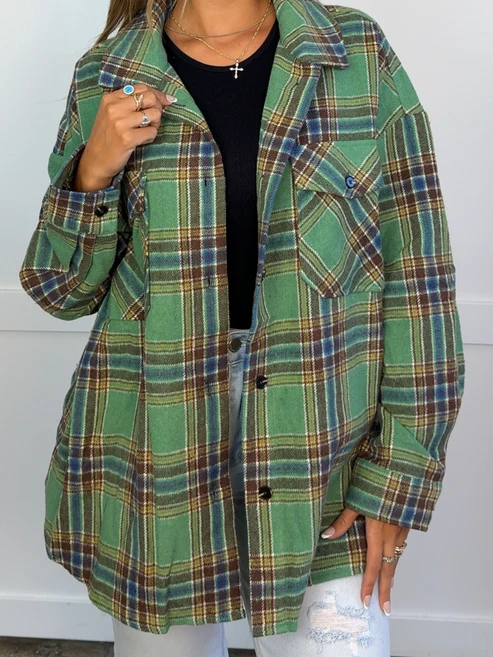 Oversized Plaid Flannel Shacket, Casual Button‑Front Layering Outerwear