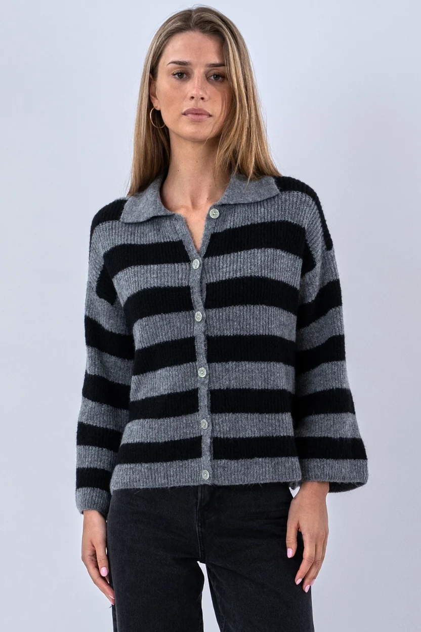 Casual Striped Long Sleeve Button Up Knit Sweater