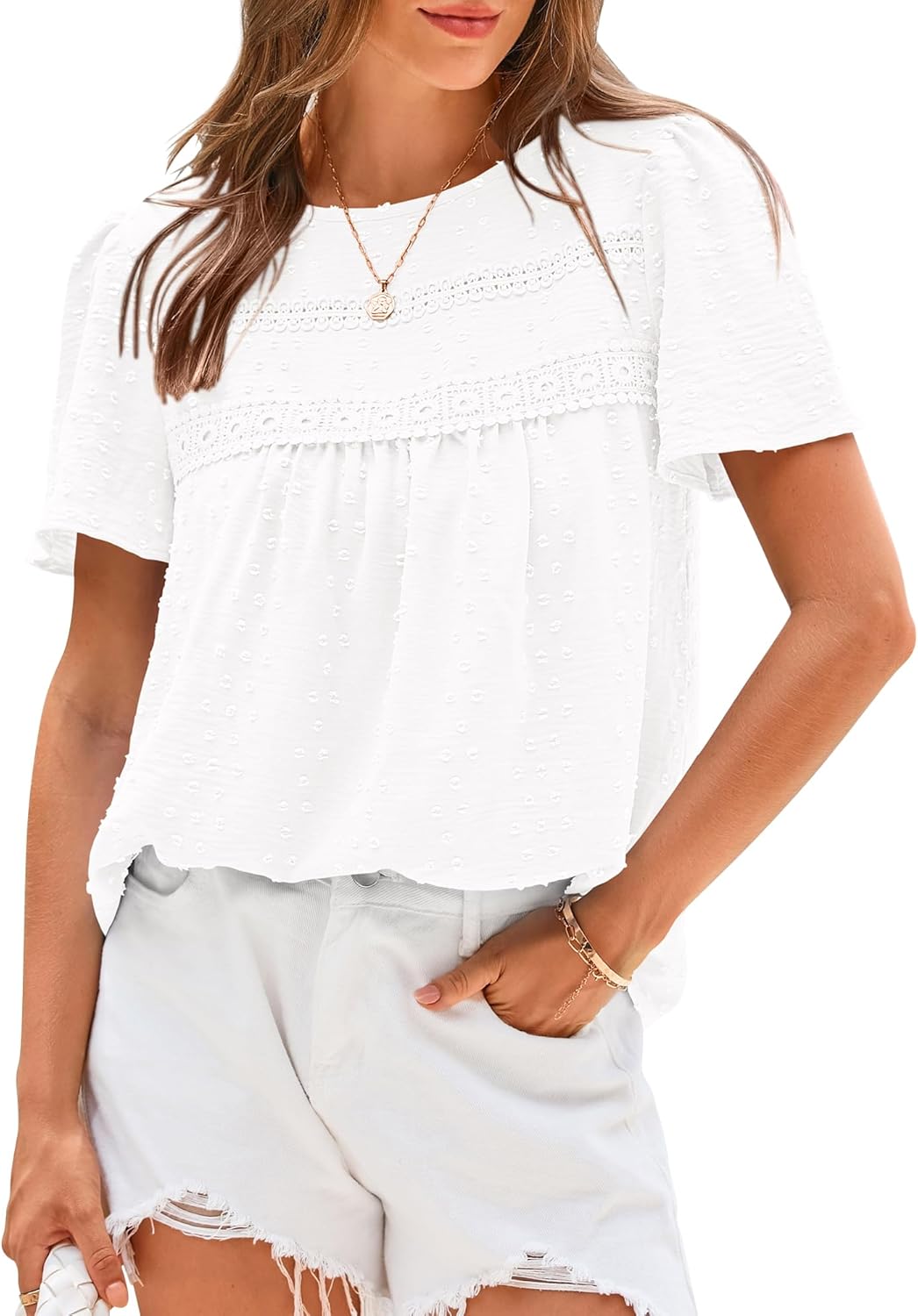 Women's Swiss Dot Lace Crochet Crewneck Boho Short Sleeves(Buy 2 Free Shipping)