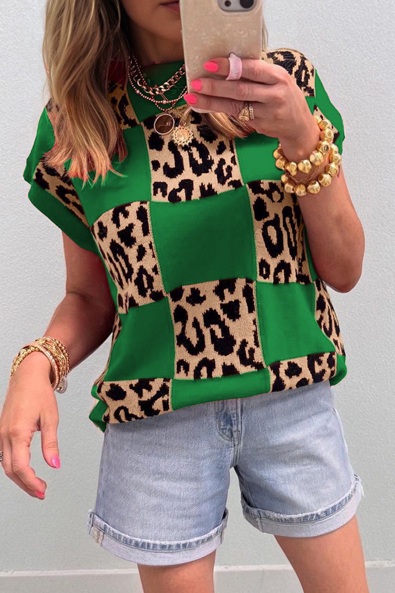 Women's Leopard Print Checkerboard Short-Sleeve Knit Top