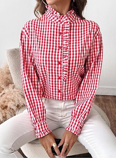 Fashionable women's plaid ruffled V-neck button-down shirt（BUY 2 FREE SHIPPING)