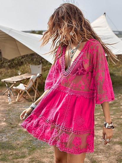 Women's V-neck lace embroidered sun protection bikini swimsuit beach cover-up（BUY 2 FREE SHIPPING)