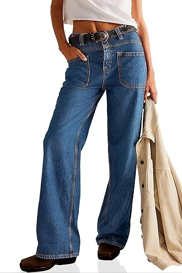 Womens Boyfriend Wide Leg Jeans Casual Loose Mid Rise Denim Pants with Pockets