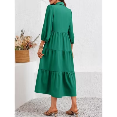 Women's Casual Flowy Collared 3/4 Sleeve Tiered Midi Shirt Dress