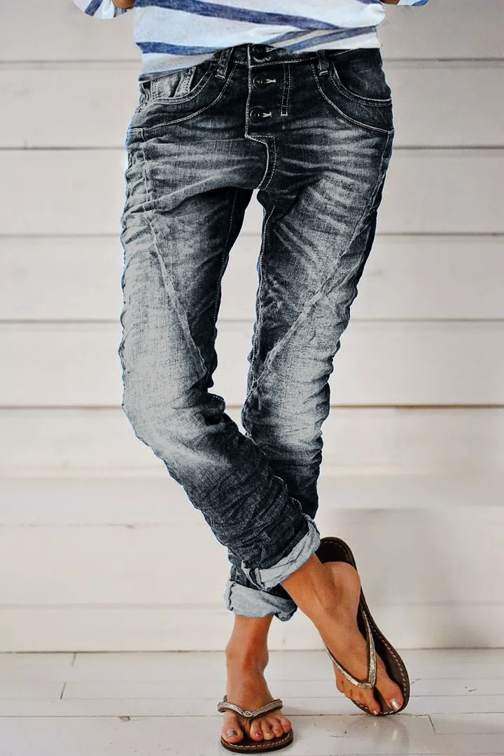 Midiross Vintage Button Fly Stitch Trim Low Waist Jeans
