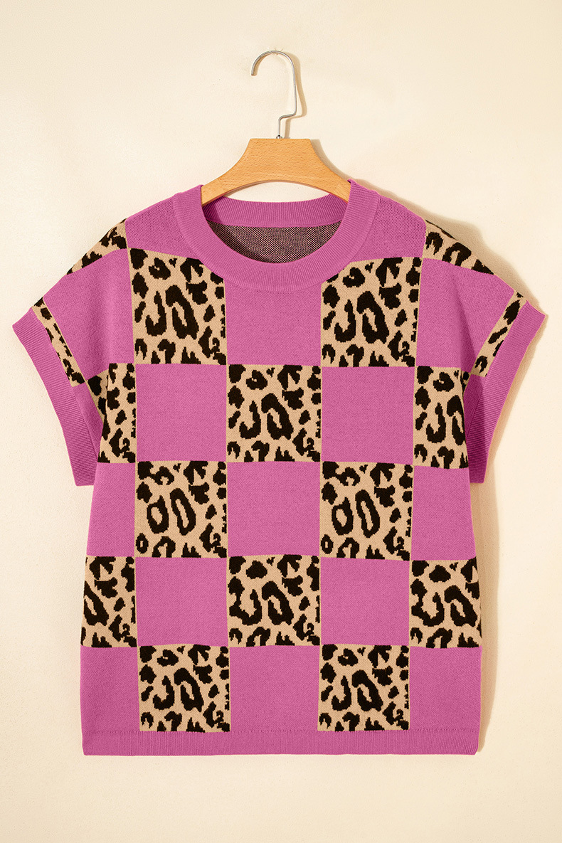 Women's Leopard Print Checkerboard Short-Sleeve Knit Top