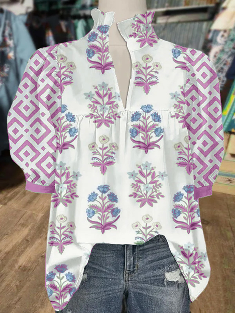 Floral Print V-Neck Geo Puff Sleeve Top(BUY 2 FREE SHIPPING)