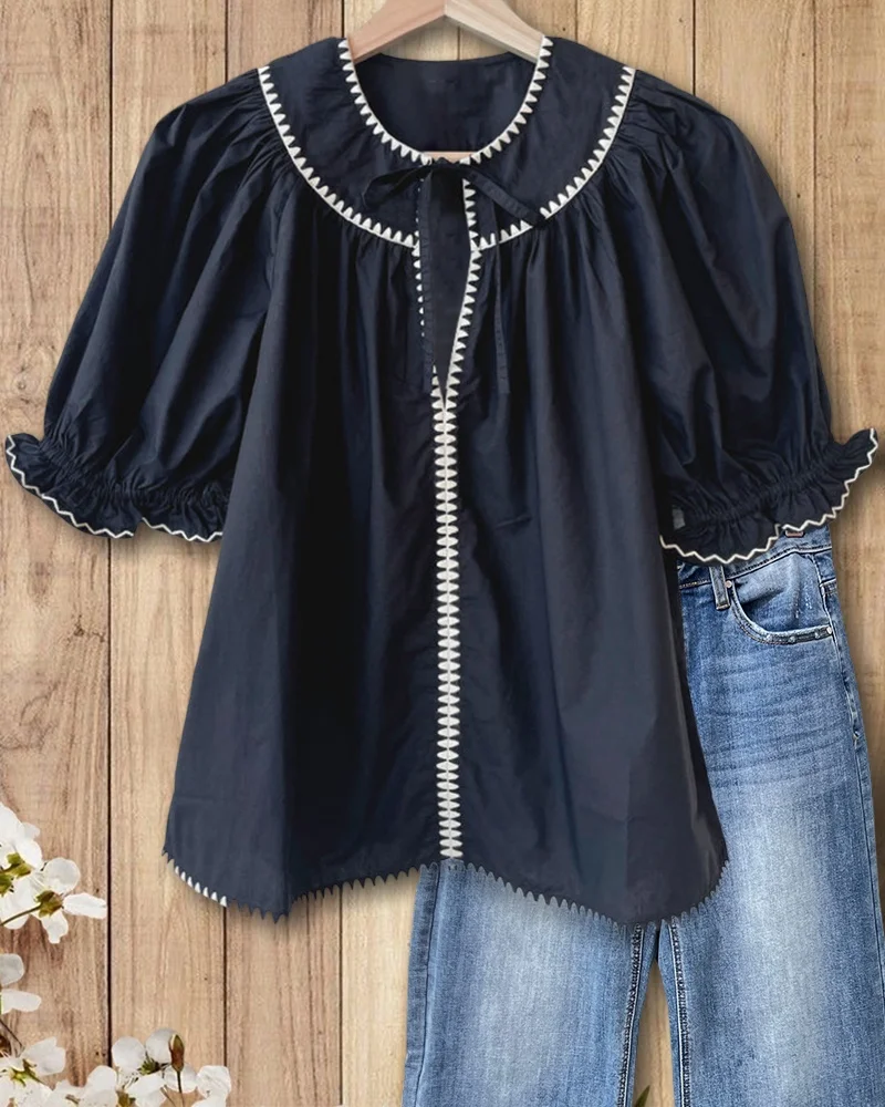  Contrast-Stitch Trim Urban Puff Sleeve Lace-Up Blouse