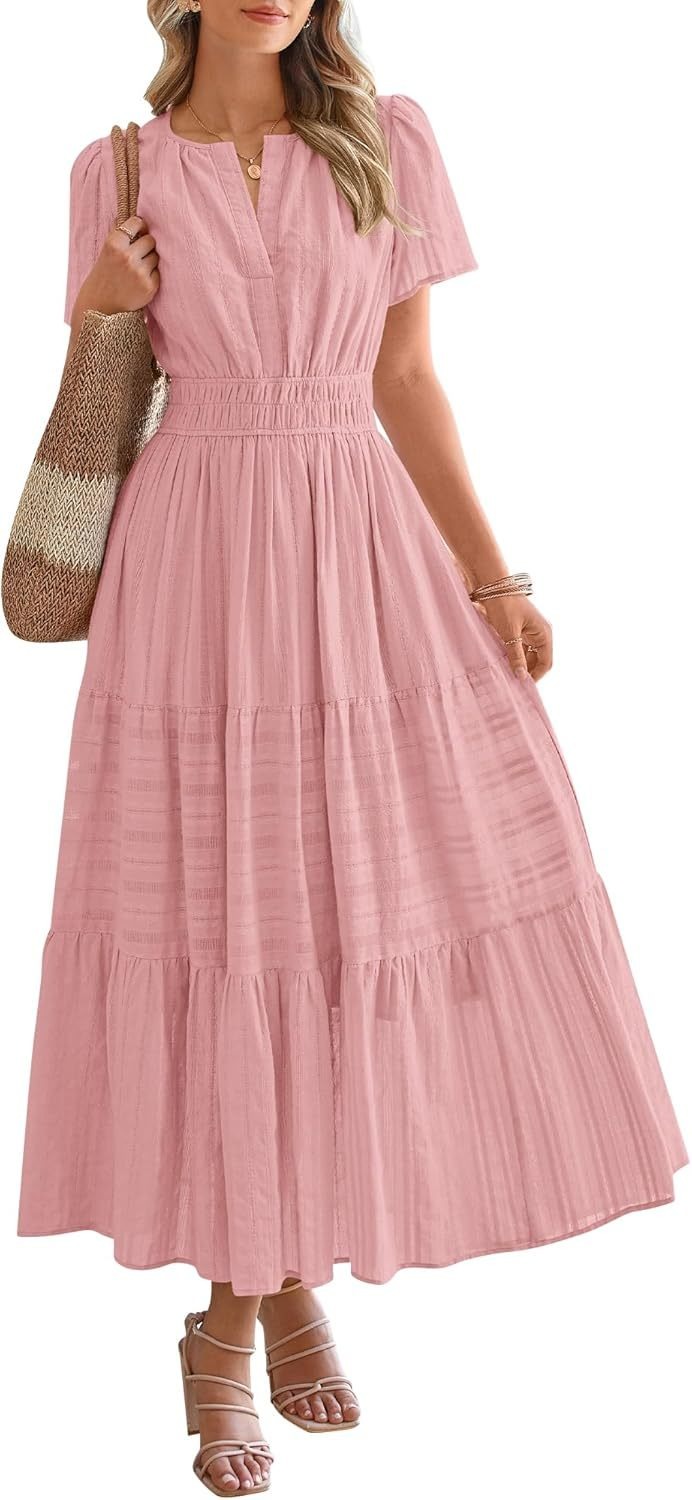 🔥HOT SALE🔥Womens Summer Lightweight Short Sleeve V Casual Midi Maxi Dresses(BUY 2 FREE SHIPPING)