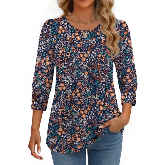 Step into effortless style with this floral 3/4 sleeve tunic top—a versatile essential for everyday wear. An easy‑to‑wear piece for casual outings and daily activities.