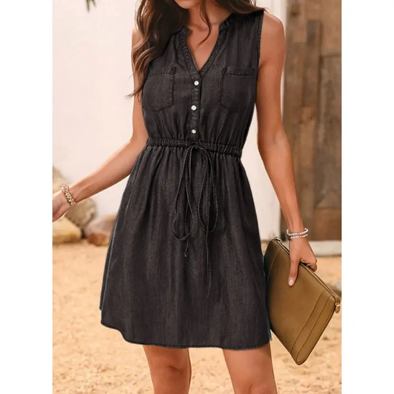 Women's 2026 Summer V-neck Sleeveless Buttoned Drawstring Dress（buy 2 free shipping）