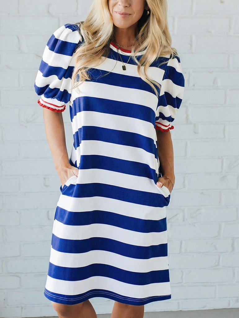 Women's Stripe Puff Sleeve Casual Dress