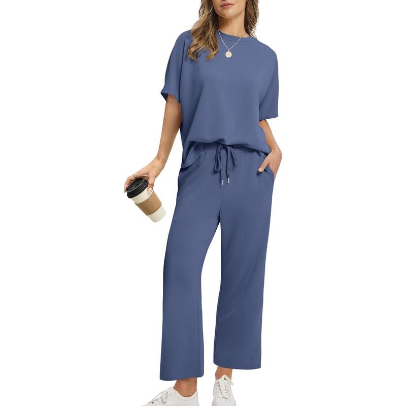 Two Piece Sets for Women Summer Outfits Oversized Wide Leg Crop Pants Lounge Sets Airport Beach Vacation Clothes