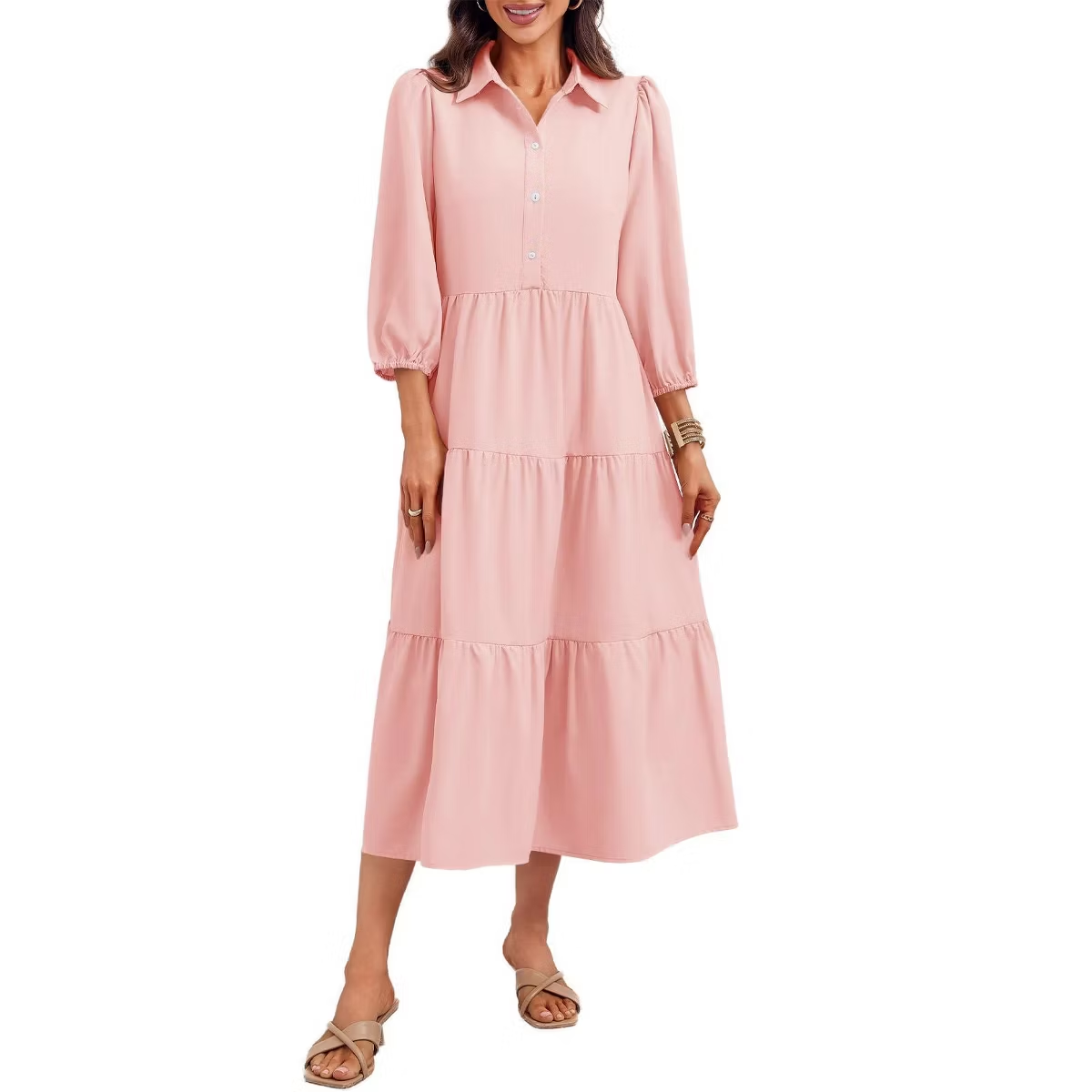 Women's Casual Flowy Collared 3/4 Sleeve Tiered Midi Shirt Dress