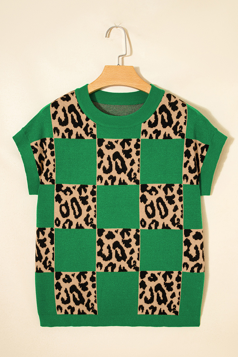 Women's Leopard Print Checkerboard Short-Sleeve Knit Top
