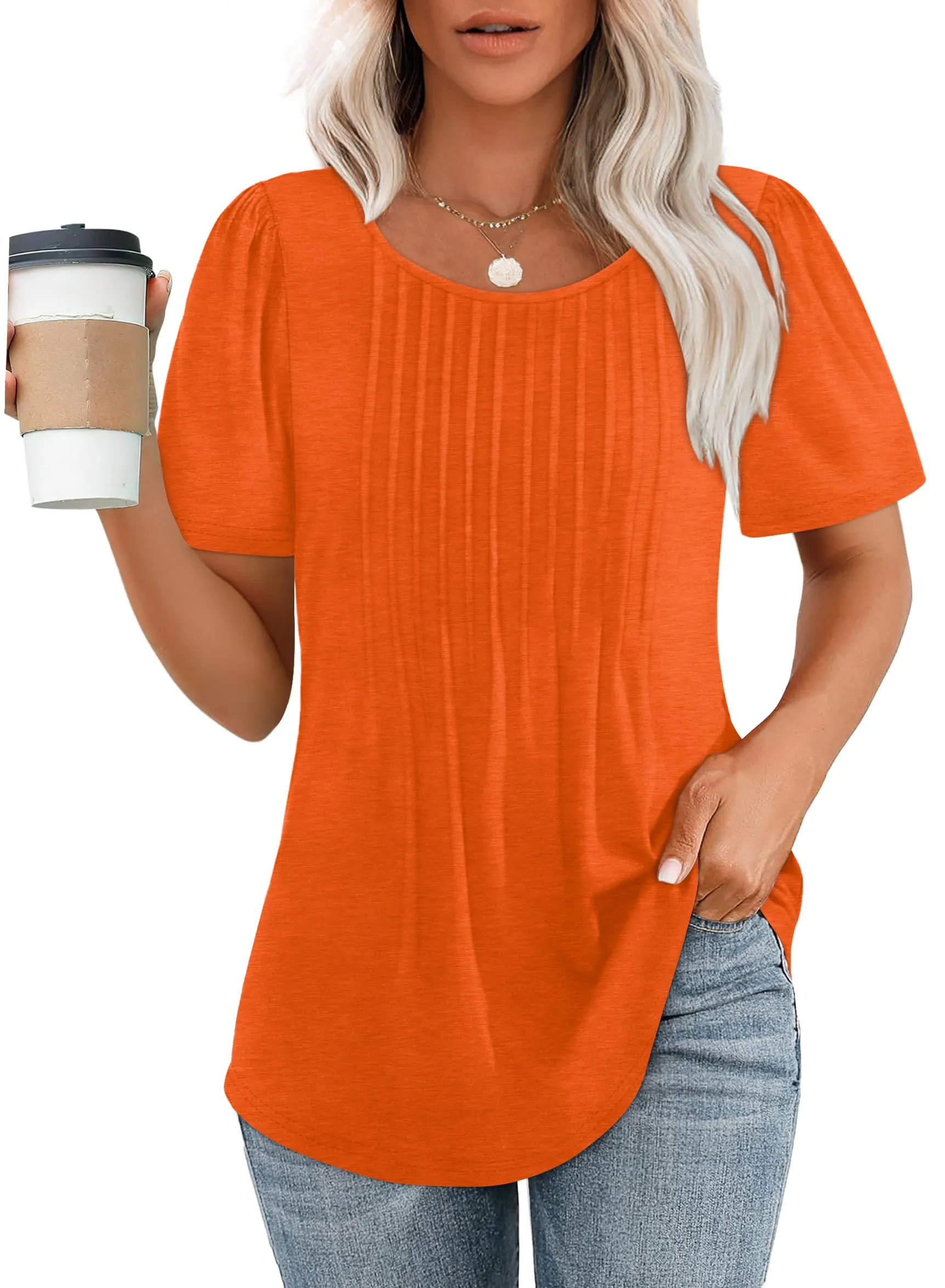 🔥🔥🔥🔥Women's Short Sleeve Pleated Dressy Casual Scooped Neck Tops