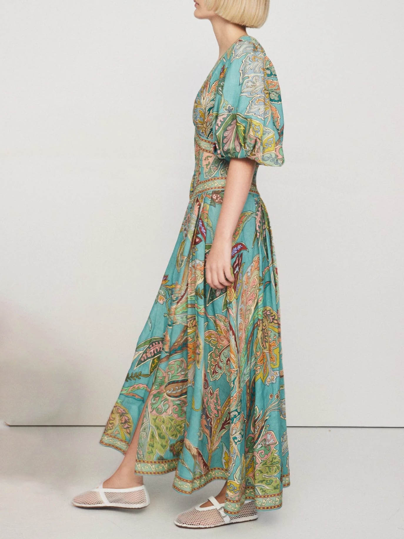 🔥🔥🔥🔥Unique Satin Vintage Floral Print Puff Sleeve Midi Dress