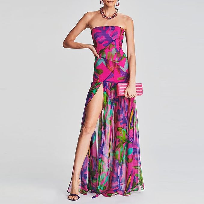 Women's tube top dress slim fit strapless backless high slit long dress