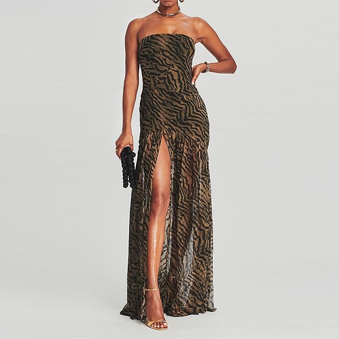 Women's tube top dress slim fit strapless backless high slit long dress