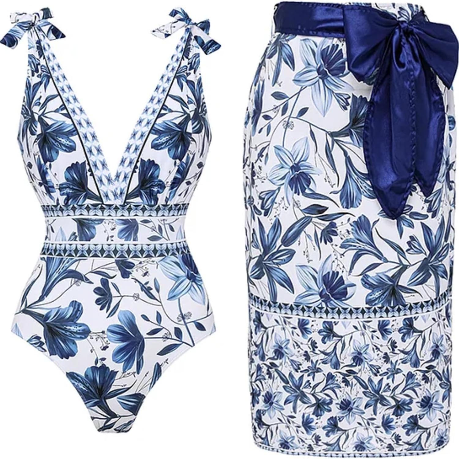 Women Adjustable Shoulder Strip Plant Prints One Piece Swimsuit and Skirt/Sarong(BUY 2 FREE SHIPPING)