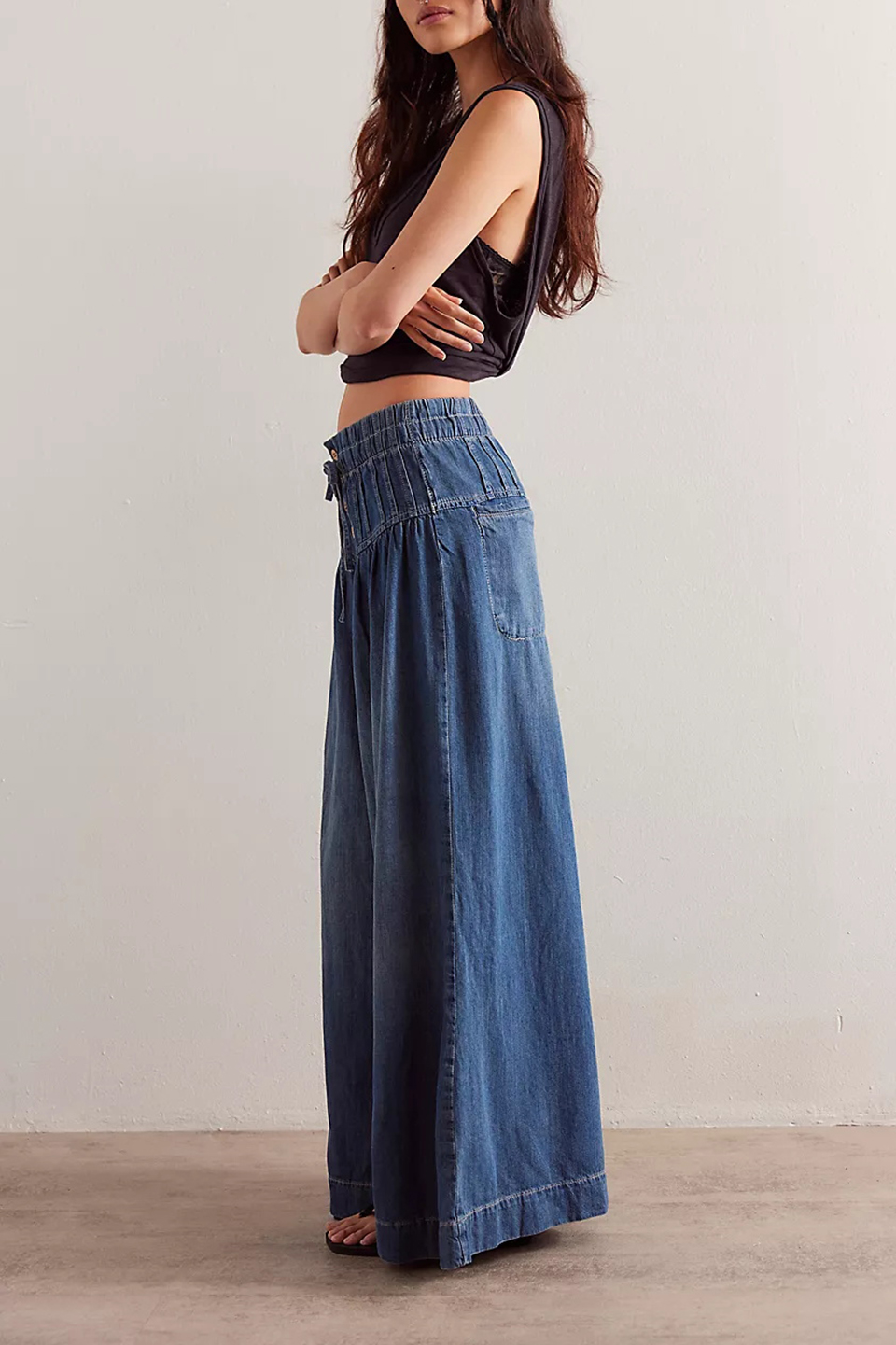 Womens Mid Rise Wide Leg Jeans Elastic Drawstring Loose Ruffle Pleated Denim Pants Y2k Baggy Boyfriend Jeans
