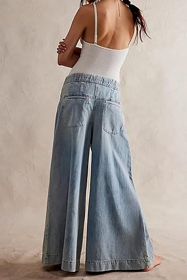 Womens Mid Rise Wide Leg Jeans Elastic Drawstring Loose Ruffle Pleated Denim Pants Y2k Baggy Boyfriend Jeans