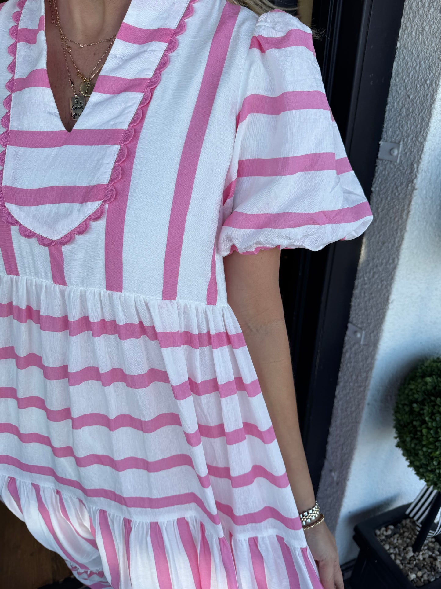 Women's Striped V-neck Dress with Puffy Sleeves（Buy 2 Free Shipping)