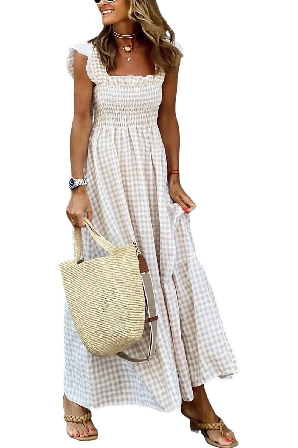 HOT SALE -Women's Retro Plaid Smocked Dress Spaghetti Strap Flounce Long Dress(Buy 2 Free Shipping)