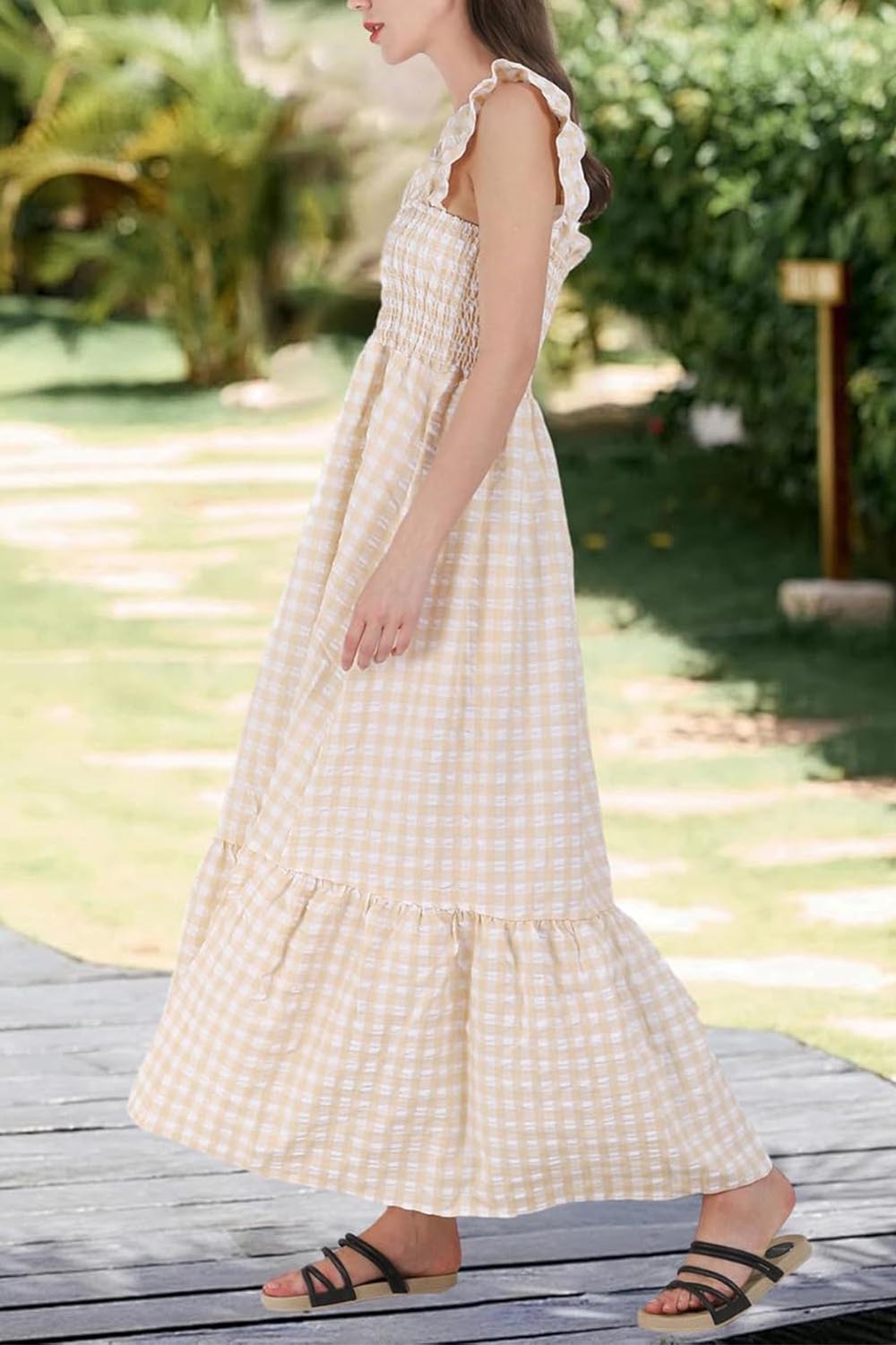 HOT SALE -Women's Retro Plaid Smocked Dress Spaghetti Strap Flounce Long Dress(Buy 2 Free Shipping)