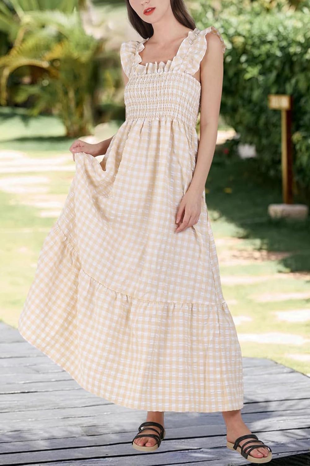 HOT SALE -Women's Retro Plaid Smocked Dress Spaghetti Strap Flounce Long Dress(Buy 2 Free Shipping)