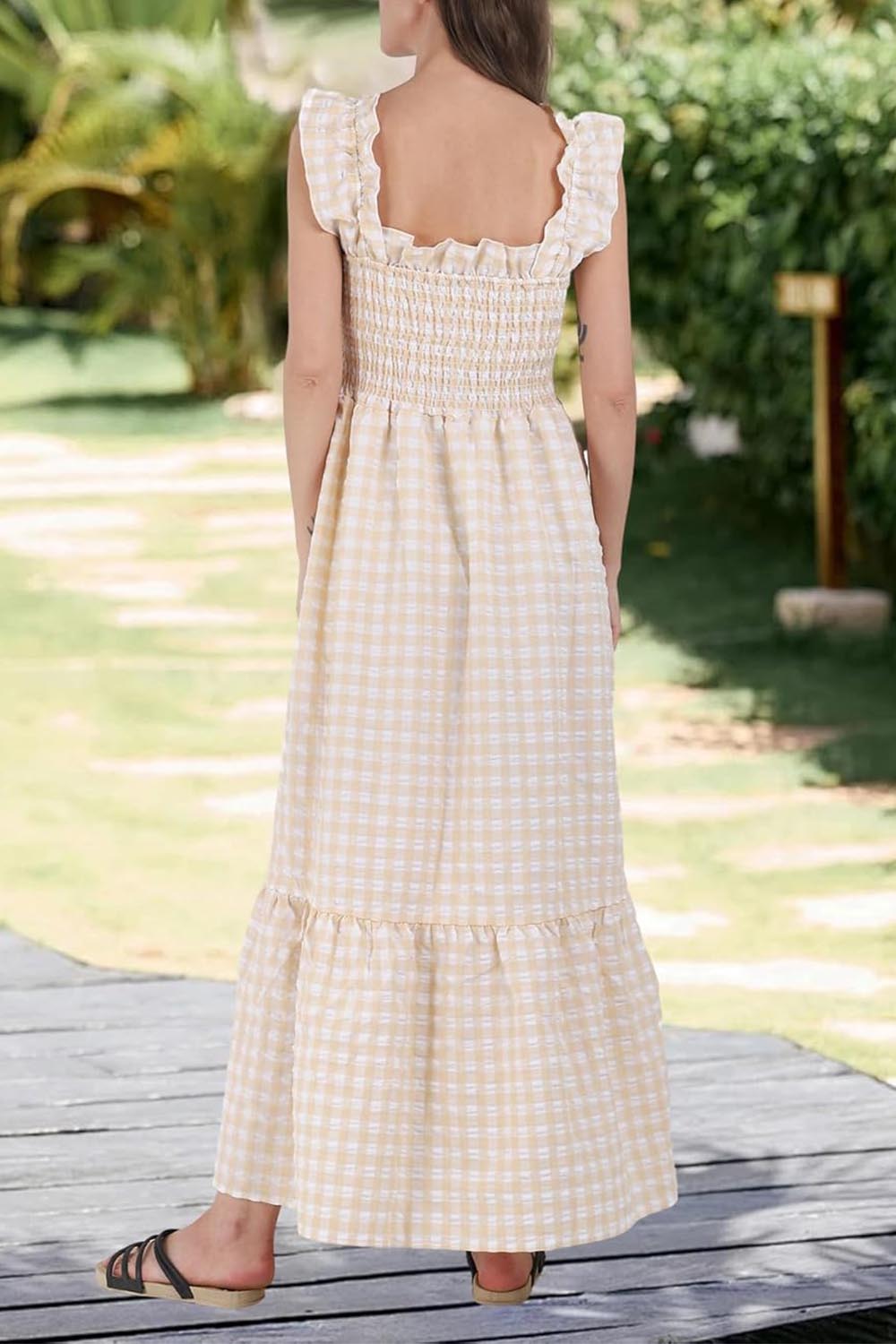 HOT SALE -Women's Retro Plaid Smocked Dress Spaghetti Strap Flounce Long Dress(Buy 2 Free Shipping)
