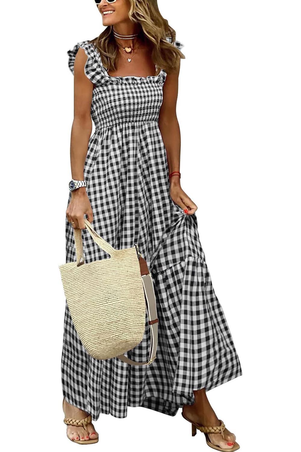 HOT SALE -Women's Retro Plaid Smocked Dress Spaghetti Strap Flounce Long Dress(Buy 2 Free Shipping)