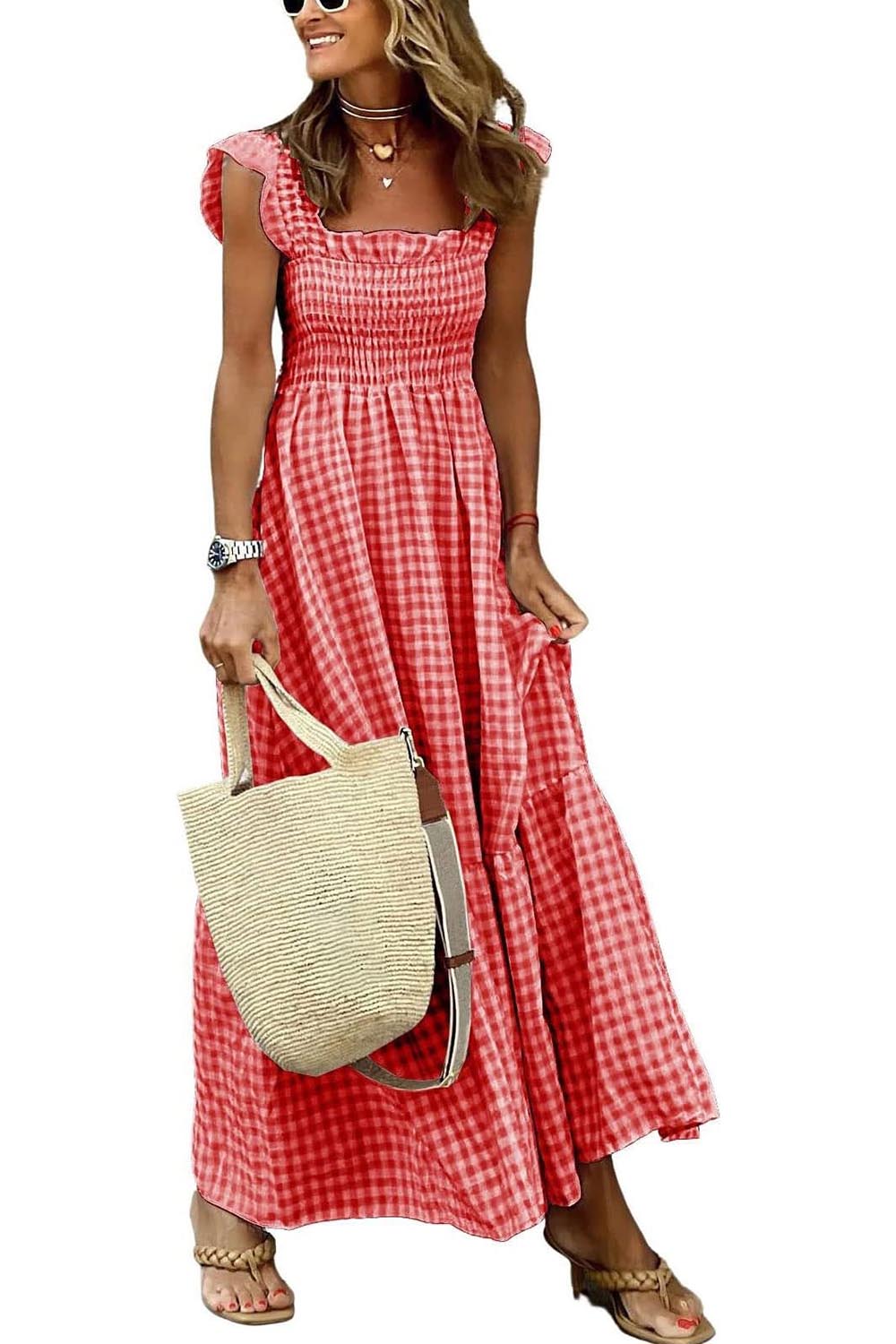 HOT SALE -Women's Retro Plaid Smocked Dress Spaghetti Strap Flounce Long Dress(Buy 2 Free Shipping)
