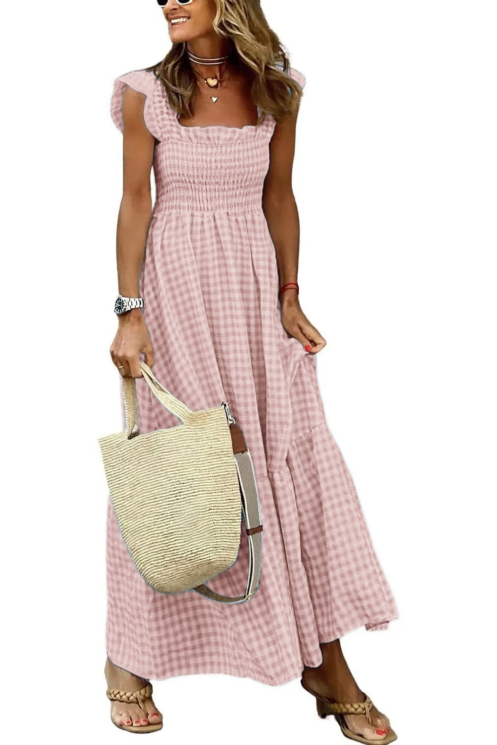 HOT SALE -Women's Retro Plaid Smocked Dress Spaghetti Strap Flounce Long Dress(Buy 2 Free Shipping)