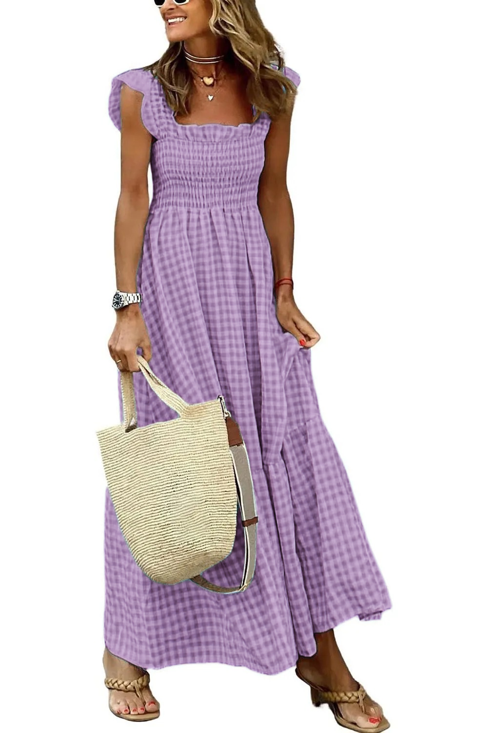 HOT SALE -Women's Retro Plaid Smocked Dress Spaghetti Strap Flounce Long Dress(Buy 2 Free Shipping)