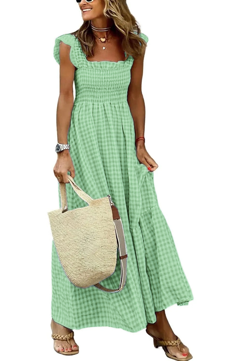 HOT SALE -Women's Retro Plaid Smocked Dress Spaghetti Strap Flounce Long Dress(Buy 2 Free Shipping)