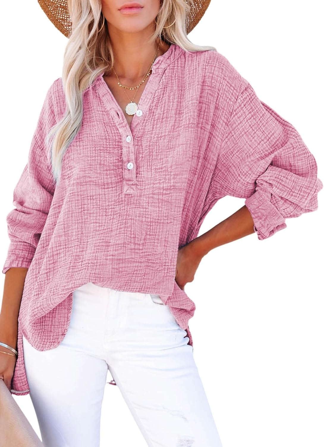 Womens Casual Gauze Muslin Button Neck Long Sleeve Oversized Blouses Tops(BUY 2 FREE SHIPPING)