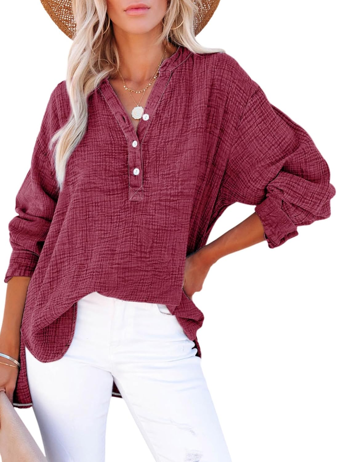 Womens Casual Gauze Muslin Button Neck Long Sleeve Oversized Blouses Tops(BUY 2 FREE SHIPPING)