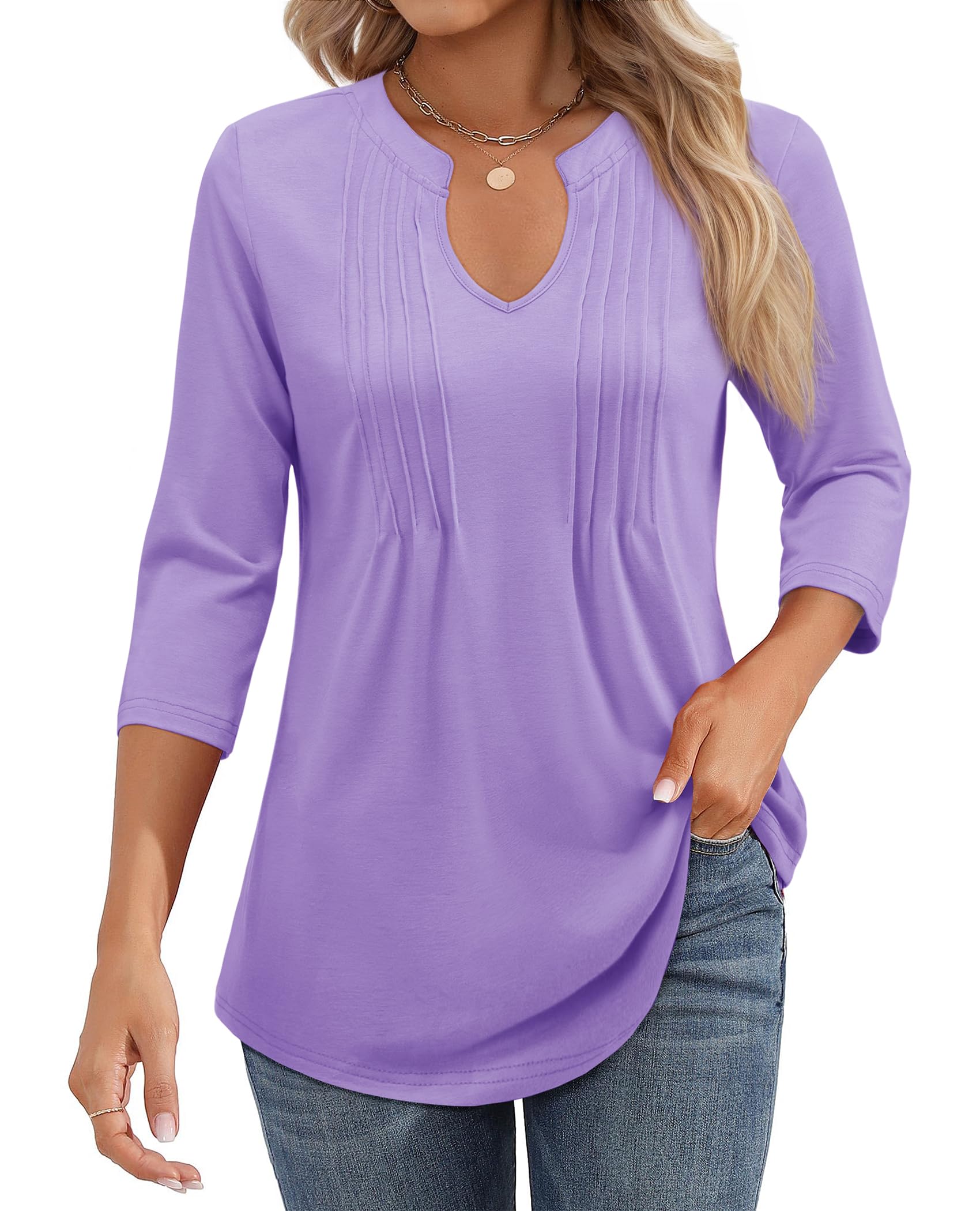 Womens Casual 3/4 Sleeve Pleated Tunic Blouse (BUY 3 FREE SHIPPING)