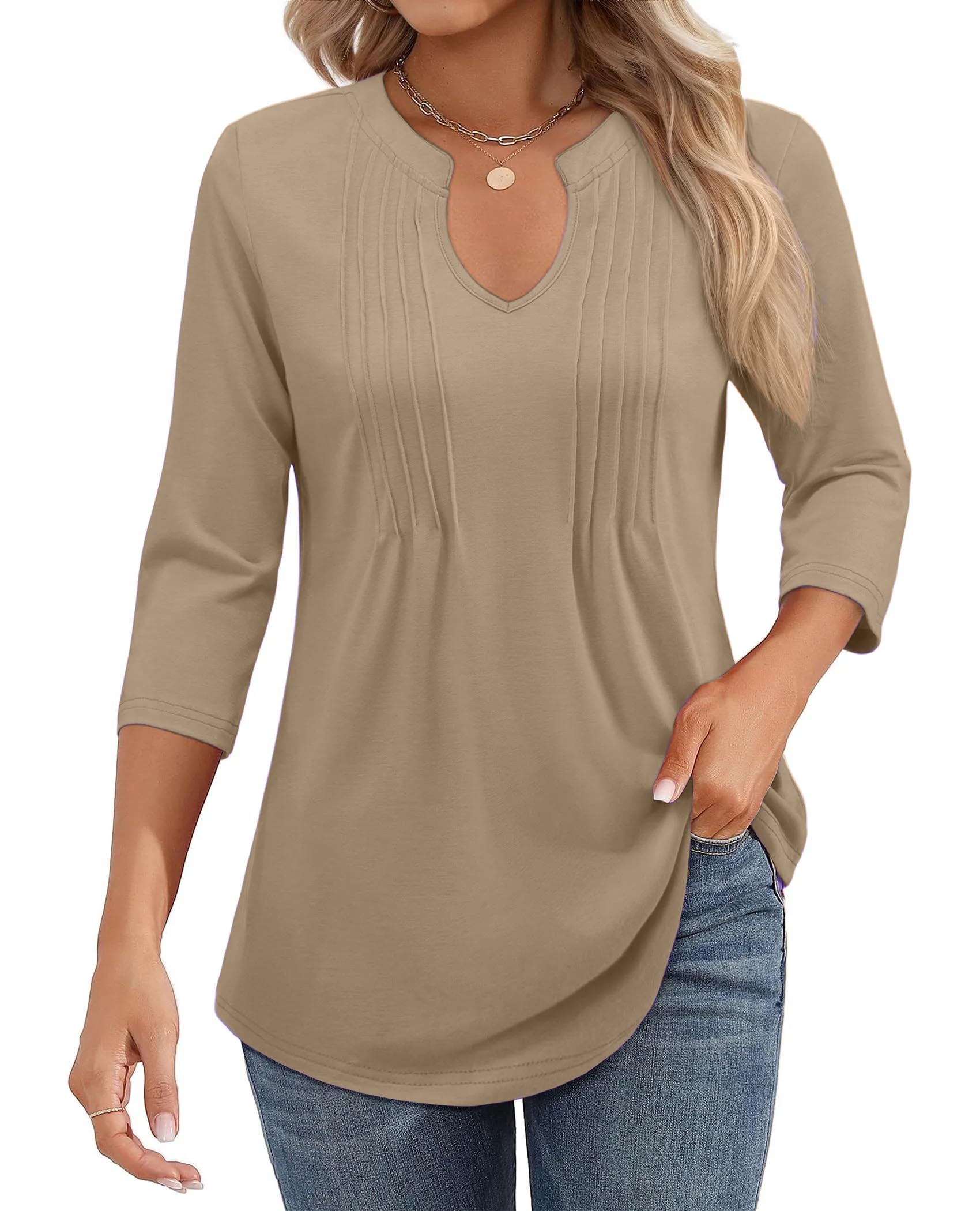 Womens Casual 3/4 Sleeve Pleated Tunic Blouse (BUY 3 FREE SHIPPING)