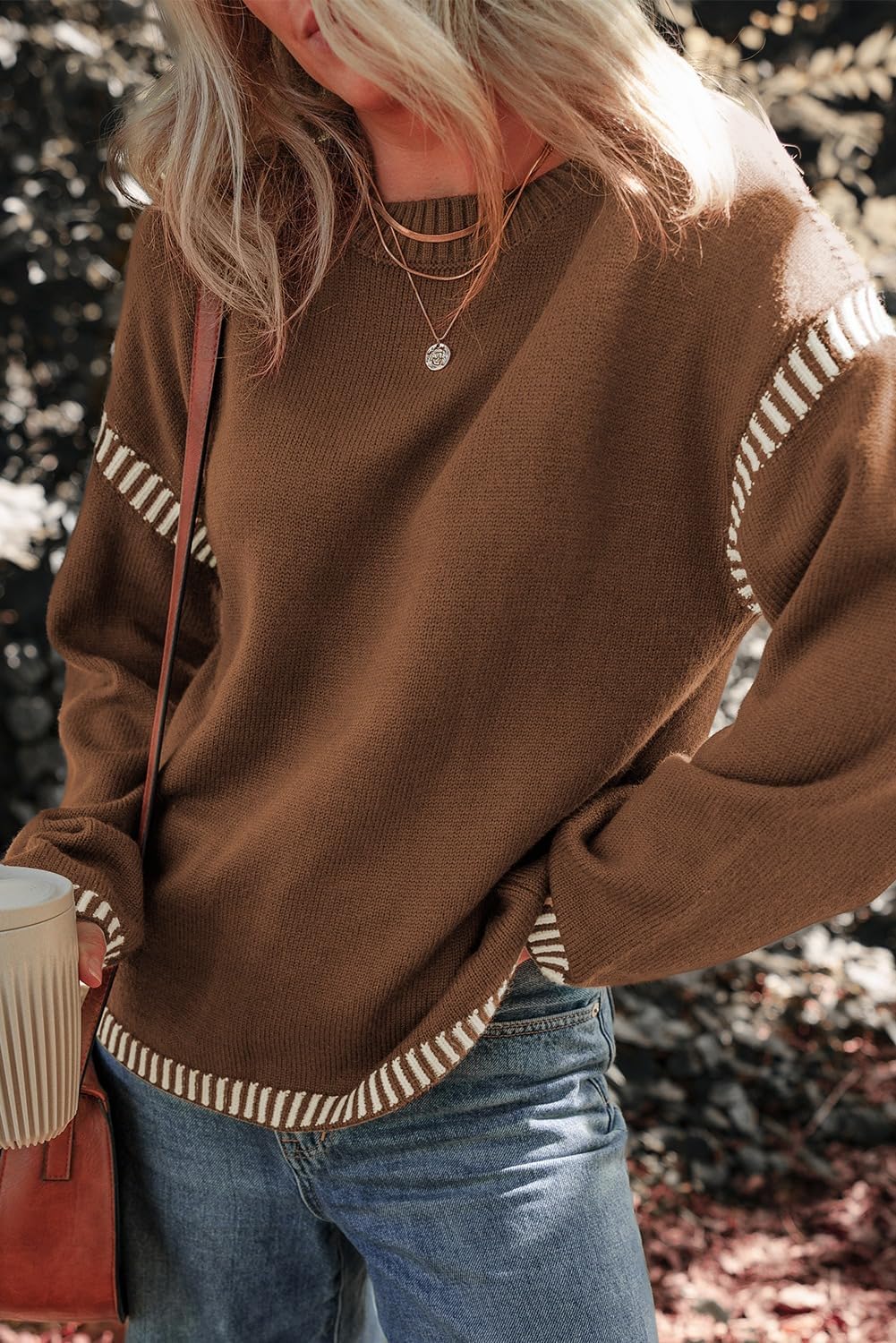 Cozy Contrast Trim Crewneck Sweater