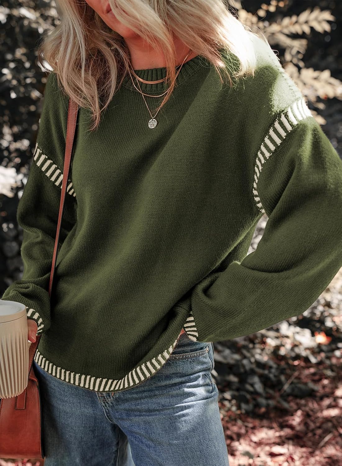 Cozy Contrast Trim Crewneck Sweater