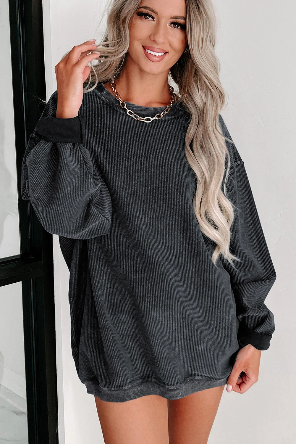 Women's Solid Color Ribbed Knit Round Neck Pullover Sweatshirt (Buy 2 Free Shipping)