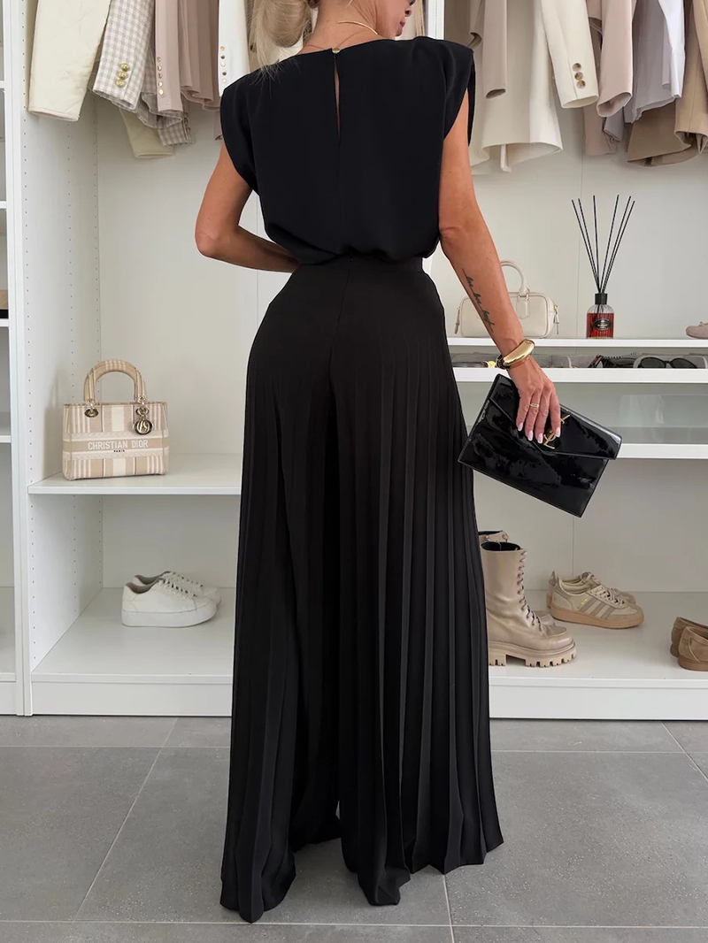 Round Neck Sleeveless Top Pleated Wide Leg Pants Two-Piece Set(BUY 2 FREE SHIPPING)
